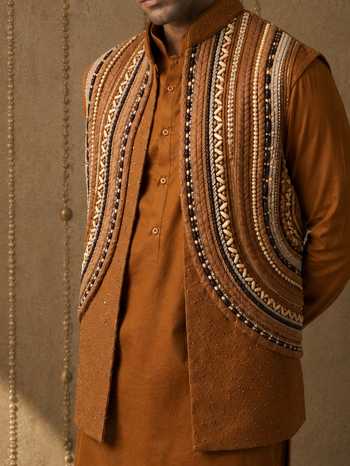 Buy_Rohit Doshi_Orange Silk, Linen Embroidery, Sequins, Beads, Unbeadable Bundi Kurta Set _Online_at_Aza_Fashions