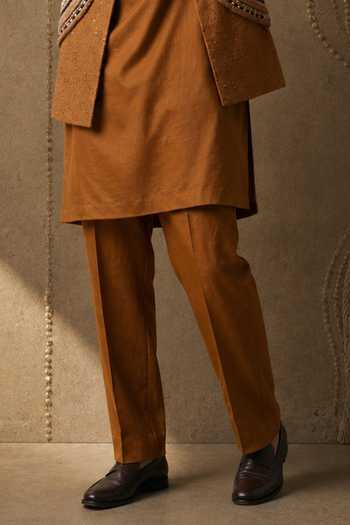 Shop_Rohit Doshi_Orange Silk, Linen Embroidery, Sequins, Beads, Unbeadable Bundi Kurta Set _Online_at_Aza_Fashions