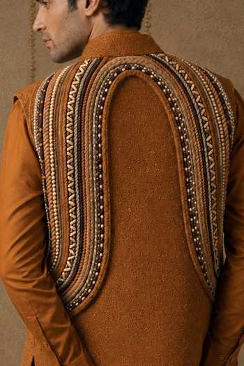 Rohit Doshi_Orange Silk, Linen Embroidery, Sequins, Beads, Unbeadable Bundi Kurta Set _at_Aza_Fashions