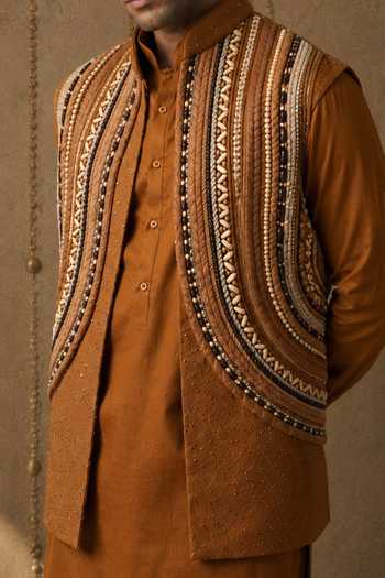 Buy_Rohit Doshi_Orange Silk, Linen Embroidery, Sequins, Beads, Unbeadable Bundi Kurta Set 
