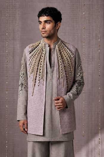 Buy_Rohit Doshi_Purple Beads, Pearls Rope And Roll Embroidered Bundi Kurta Set _Online_at_Aza_Fashions