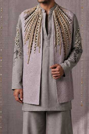Shop_Rohit Doshi_Purple Beads, Pearls Rope And Roll Embroidered Bundi Kurta Set _Online_at_Aza_Fashions