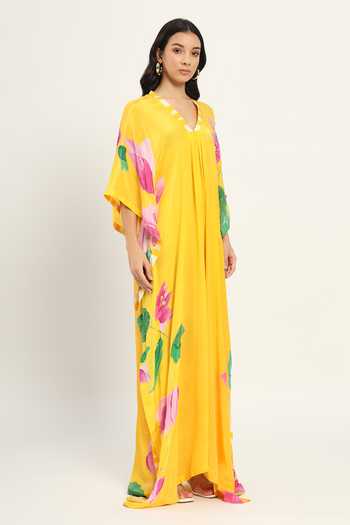 Ruhr India Yellow Crepe V-neck Bougainvillea Print Kaftan Online at Aza Fashions Ruhr India_Yellow Crepe V-neck Bougainvillea Print Kaftan _Online_at_Aza_Fashions