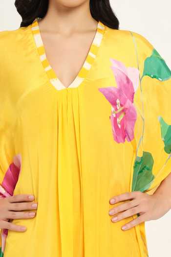 Buy Ruhr India Yellow Crepe V-neck Bougainvillea Print Kaftan Online at Aza Fashions Buy_Ruhr India_Yellow Crepe V-neck Bougainvillea Print Kaftan _Online_at_Aza_Fashions