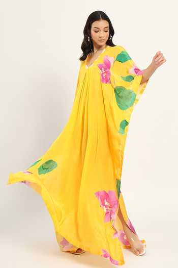 Shop Ruhr India Yellow Crepe V-neck Bougainvillea Print Kaftan Online at Aza Fashions Shop_Ruhr India_Yellow Crepe V-neck Bougainvillea Print Kaftan _Online_at_Aza_Fashions