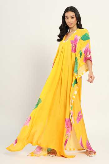 Ruhr India Yellow Crepe V-neck Bougainvillea Print Kaftan at Aza Fashions Ruhr India_Yellow Crepe V-neck Bougainvillea Print Kaftan _at_Aza_Fashions