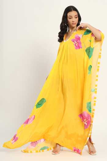 Buy Ruhr India Yellow Crepe V-neck Bougainvillea Print Kaftan Buy_Ruhr India_Yellow Crepe V-neck Bougainvillea Print Kaftan