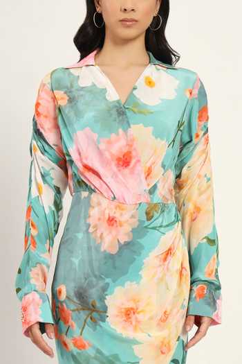 Ruhr India Blue Crepe V-neck Floral Print Draped Dress Online at Aza Fashions Ruhr India_Blue Crepe V-neck Floral Print Draped Dress _Online_at_Aza_Fashions