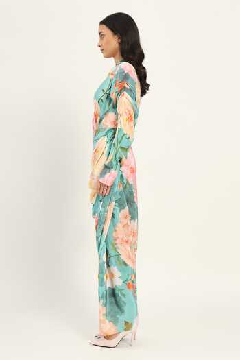 Buy Ruhr India Blue Crepe V-neck Floral Print Draped Dress Online at Aza Fashions Buy_Ruhr India_Blue Crepe V-neck Floral Print Draped Dress _Online_at_Aza_Fashions