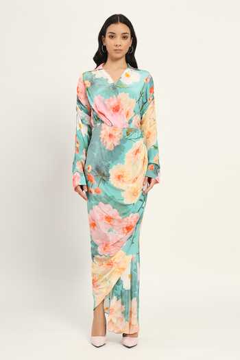 Shop Ruhr India Blue Crepe V-neck Floral Print Draped Dress Online at Aza Fashions Shop_Ruhr India_Blue Crepe V-neck Floral Print Draped Dress _Online_at_Aza_Fashions