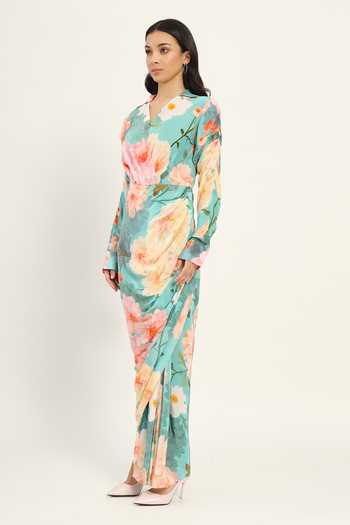 Ruhr India Blue Crepe V-neck Floral Print Draped Dress at Aza Fashions Ruhr India_Blue Crepe V-neck Floral Print Draped Dress _at_Aza_Fashions
