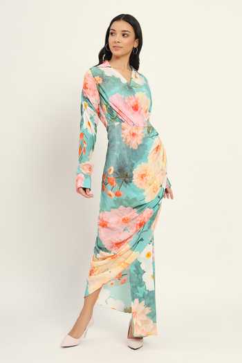 Buy Ruhr India Blue Crepe V-neck Floral Print Draped Dress Buy_Ruhr India_Blue Crepe V-neck Floral Print Draped Dress