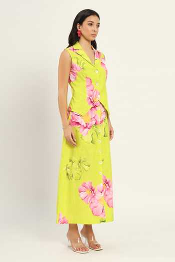 Ruhr India Green Cotton, Linen Notched Neck Tsubaki Printed Waistcoat And Skirt Set Online at Aza Fashions Ruhr India_Green Cotton, Linen Notched Neck Tsubaki Printed Waistcoat And Skirt Set _Online_at_Aza_Fashions