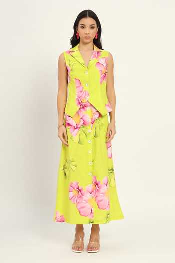 Buy Ruhr India Green Cotton, Linen Notched Neck Tsubaki Printed Waistcoat And Skirt Set Online at Aza Fashions Buy_Ruhr India_Green Cotton, Linen Notched Neck Tsubaki Printed Waistcoat And Skirt Set _Online_at_Aza_Fashions