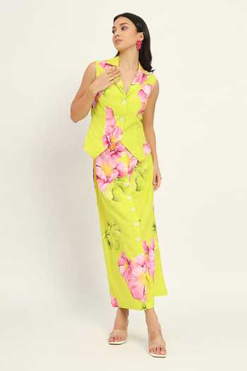 Shop Ruhr India Green Cotton, Linen Notched Neck Tsubaki Printed Waistcoat And Skirt Set Online at Aza Fashions Shop_Ruhr India_Green Cotton, Linen Notched Neck Tsubaki Printed Waistcoat And Skirt Set _Online_at_Aza_Fashions
