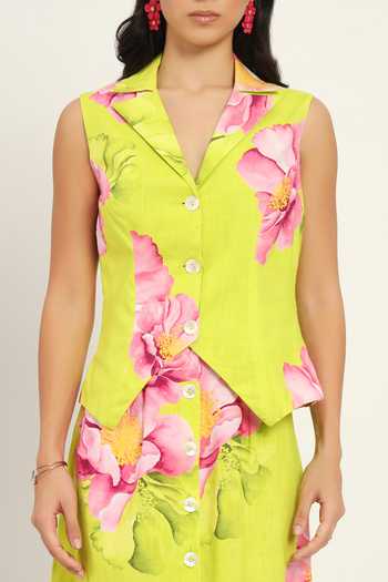 Ruhr India Green Cotton, Linen Notched Neck Tsubaki Printed Waistcoat And Skirt Set at Aza Fashions Ruhr India_Green Cotton, Linen Notched Neck Tsubaki Printed Waistcoat And Skirt Set _at_Aza_Fashions