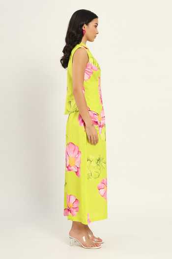 Buy Ruhr India Green Cotton, Linen Notched Neck Tsubaki Printed Waistcoat And Skirt Set Buy_Ruhr India_Green Cotton, Linen Notched Neck Tsubaki Printed Waistcoat And Skirt Set