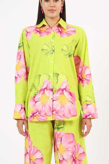 Ruhr India_Green Cotton Collared Neck Tsubaki Linen Printed Shirt And Pant Set _Online_at_Aza_Fashions