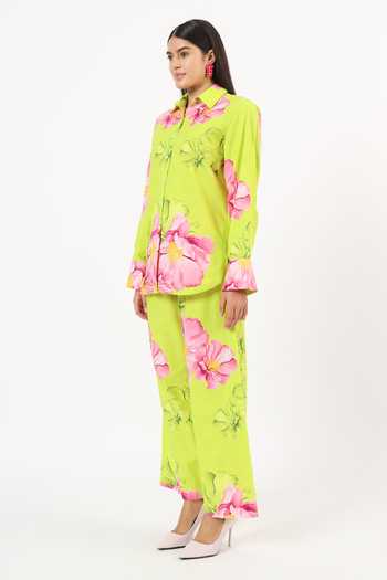Buy_Ruhr India_Green Cotton Collared Neck Tsubaki Linen Printed Shirt And Pant Set _Online_at_Aza_Fashions