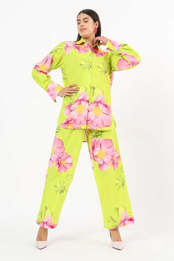 Shop_Ruhr India_Green Cotton Collared Neck Tsubaki Linen Printed Shirt And Pant Set _Online_at_Aza_Fashions