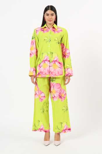Ruhr India_Green Cotton Collared Neck Tsubaki Linen Printed Shirt And Pant Set _at_Aza_Fashions
