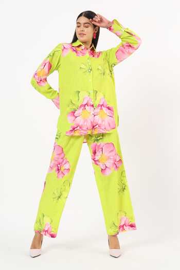 Buy_Ruhr India_Green Cotton Collared Neck Tsubaki Linen Printed Shirt And Pant Set 