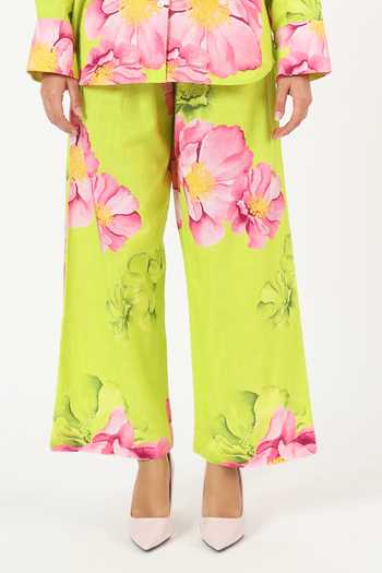Shop_Ruhr India_Green Cotton Collared Neck Tsubaki Linen Printed Shirt And Pant Set 