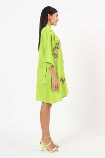 Ruhr India Green Cotton Collared Neck Giraffe Placement Embroidered Dress Online at Aza Fashions Ruhr India_Green Cotton Collared Neck Giraffe Placement Embroidered Dress _Online_at_Aza_Fashions