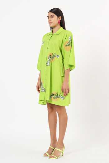 Buy Ruhr India Green Cotton Collared Neck Giraffe Placement Embroidered Dress Online at Aza Fashions Buy_Ruhr India_Green Cotton Collared Neck Giraffe Placement Embroidered Dress _Online_at_Aza_Fashions