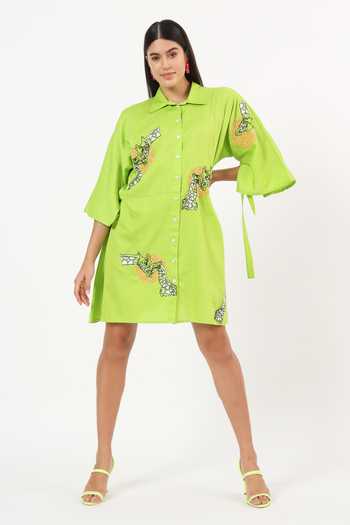 Shop Ruhr India Green Cotton Collared Neck Giraffe Placement Embroidered Dress Online at Aza Fashions Shop_Ruhr India_Green Cotton Collared Neck Giraffe Placement Embroidered Dress _Online_at_Aza_Fashions