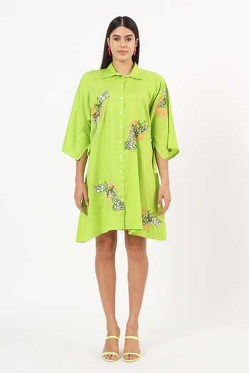 Ruhr India Green Cotton Collared Neck Giraffe Placement Embroidered Dress at Aza Fashions Ruhr India_Green Cotton Collared Neck Giraffe Placement Embroidered Dress _at_Aza_Fashions