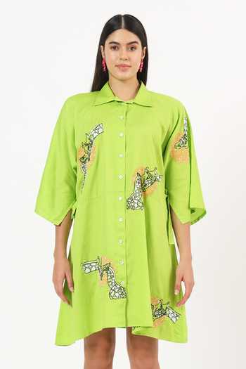 Buy Ruhr India Green Cotton Collared Neck Giraffe Placement Embroidered Dress Buy_Ruhr India_Green Cotton Collared Neck Giraffe Placement Embroidered Dress