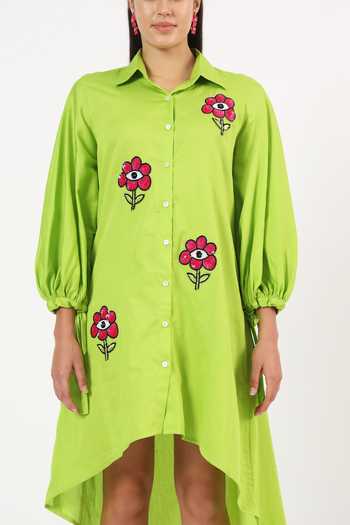Ruhr India Green Cotton Collared Neck Floral Sequin Embroidered Dress Online at Aza Fashions Ruhr India_Green Cotton Collared Neck Floral Sequin Embroidered Dress _Online_at_Aza_Fashions