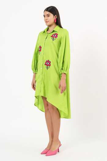 Buy Ruhr India Green Cotton Collared Neck Floral Sequin Embroidered Dress Online at Aza Fashions Buy_Ruhr India_Green Cotton Collared Neck Floral Sequin Embroidered Dress _Online_at_Aza_Fashions