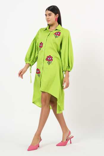 Shop Ruhr India Green Cotton Collared Neck Floral Sequin Embroidered Dress Online at Aza Fashions Shop_Ruhr India_Green Cotton Collared Neck Floral Sequin Embroidered Dress _Online_at_Aza_Fashions