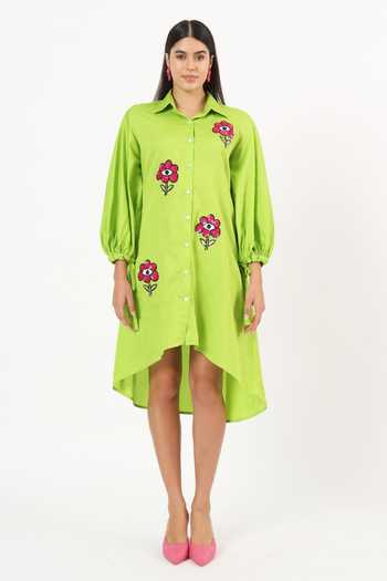 Buy Ruhr India Green Cotton Collared Neck Floral Sequin Embroidered Dress Buy_Ruhr India_Green Cotton Collared Neck Floral Sequin Embroidered Dress