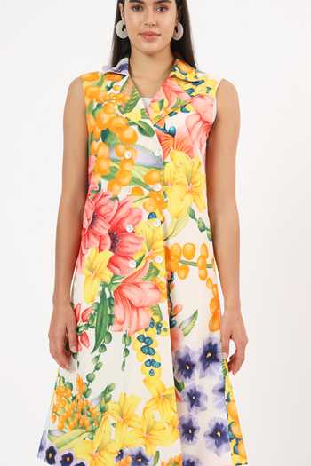 Ruhr India Multi Color Cotton Collared Neck Floral Print Blazer Dress at Aza Fashions Ruhr India_Multi Color Cotton Collared Neck Floral Print Blazer Dress _at_Aza_Fashions
