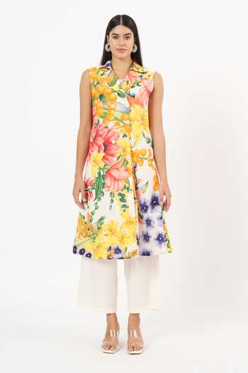 Shop Ruhr India Multi Color Cotton Collared Neck Floral Print Blazer Dress Shop_Ruhr India_Multi Color Cotton Collared Neck Floral Print Blazer Dress