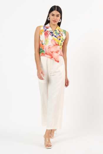 Ruhr India_Multi Color Cotton Notched Neck Keiko Printed Waistcoat And Pant Set _Online_at_Aza_Fashions