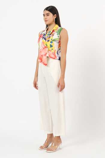 Shop_Ruhr India_Multi Color Cotton Notched Neck Keiko Printed Waistcoat And Pant Set _Online_at_Aza_Fashions