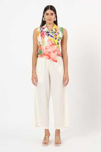 Ruhr India_Multi Color Cotton Notched Neck Keiko Printed Waistcoat And Pant Set _at_Aza_Fashions