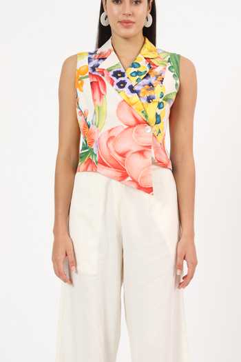 Buy_Ruhr India_Multi Color Cotton Notched Neck Keiko Printed Waistcoat And Pant Set 