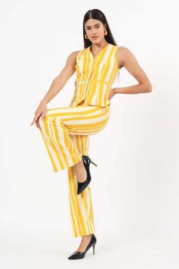 Ruhr India White Cotton, Linen Notched Neck Stripe Print Waistcoat And Pant Set Online at Aza Fashions Ruhr India_White Cotton, Linen Notched Neck Stripe Print Waistcoat And Pant Set _Online_at_Aza_Fashions
