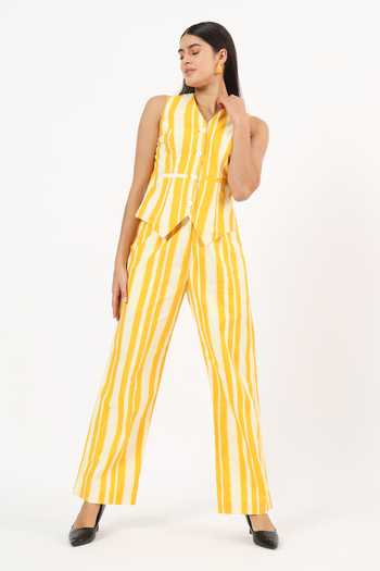 Buy Ruhr India White Cotton, Linen Notched Neck Stripe Print Waistcoat And Pant Set Online at Aza Fashions Buy_Ruhr India_White Cotton, Linen Notched Neck Stripe Print Waistcoat And Pant Set _Online_at_Aza_Fashions