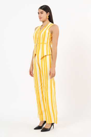 Shop Ruhr India White Cotton, Linen Notched Neck Stripe Print Waistcoat And Pant Set Online at Aza Fashions Shop_Ruhr India_White Cotton, Linen Notched Neck Stripe Print Waistcoat And Pant Set _Online_at_Aza_Fashions