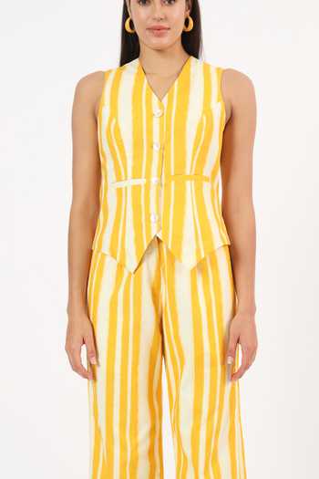 Buy Ruhr India White Cotton, Linen Notched Neck Stripe Print Waistcoat And Pant Set Buy_Ruhr India_White Cotton, Linen Notched Neck Stripe Print Waistcoat And Pant Set
