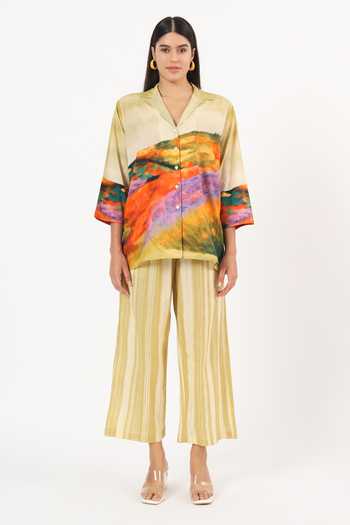 Buy Ruhr India Multi Color Cotton V-neck Chiyo Scenery Print Top And Pant Set Online at Aza Fashions Buy_Ruhr India_Multi Color Cotton V-neck Chiyo Scenery Print Top And Pant Set _Online_at_Aza_Fashions