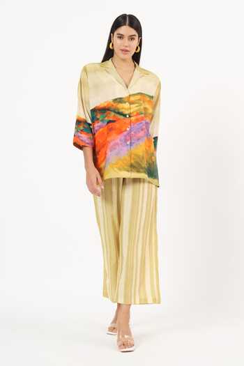 Shop Ruhr India Multi Color Cotton V-neck Chiyo Scenery Print Top And Pant Set Online at Aza Fashions Shop_Ruhr India_Multi Color Cotton V-neck Chiyo Scenery Print Top And Pant Set _Online_at_Aza_Fashions