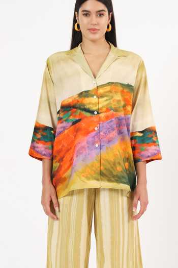 Ruhr India Multi Color Cotton V-neck Chiyo Scenery Print Top And Pant Set at Aza Fashions Ruhr India_Multi Color Cotton V-neck Chiyo Scenery Print Top And Pant Set _at_Aza_Fashions