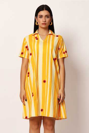 Ruhr India_Multi Color Cotton Collared Neck Stripe Print Dress _Online_at_Aza_Fashions